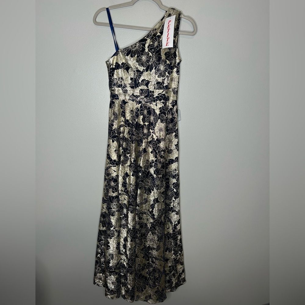Betsy & Adam GWEN" LONG ONE SHOULDER WRAP FOIL FLOWER DRESS PETITE NWT - Picture 6 of 9